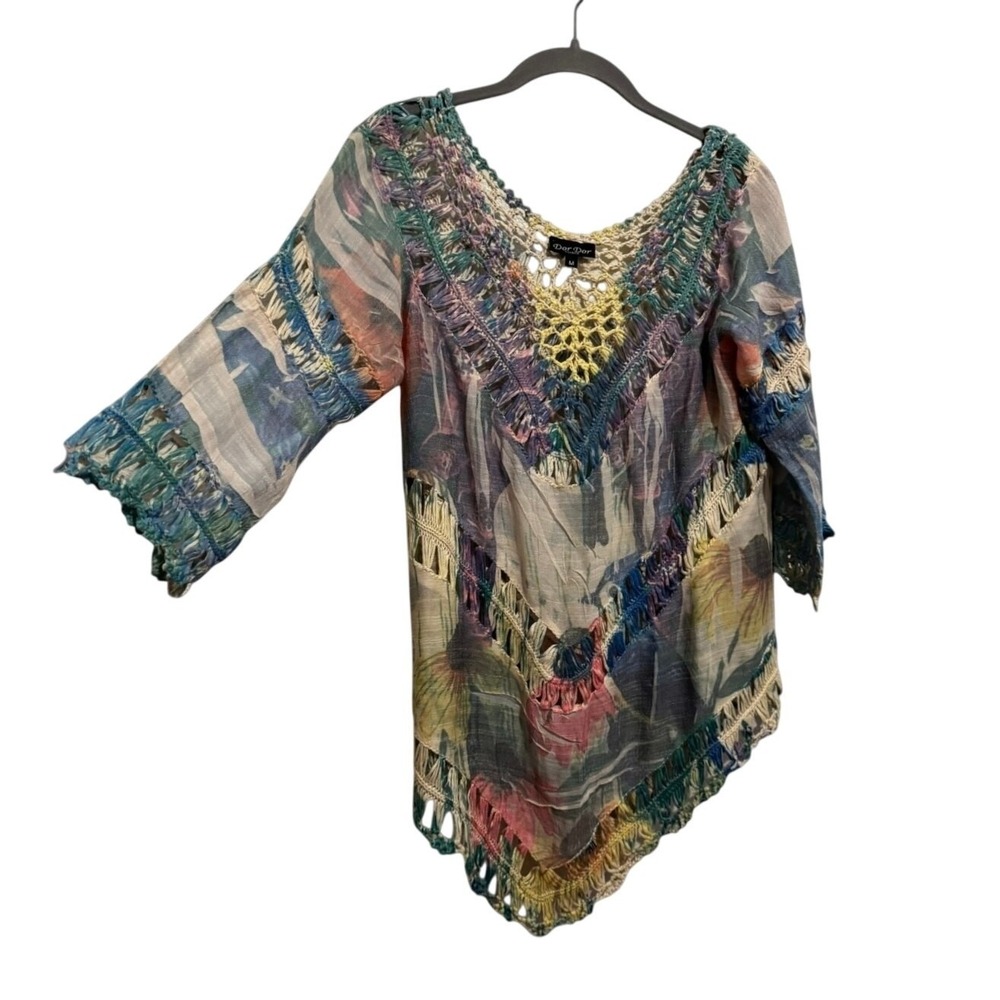 Dor Dor Couture Crochet Floral Asymmetrical 3/4 Sleeve Top Boho Festival Size M - Picture 2 of 11